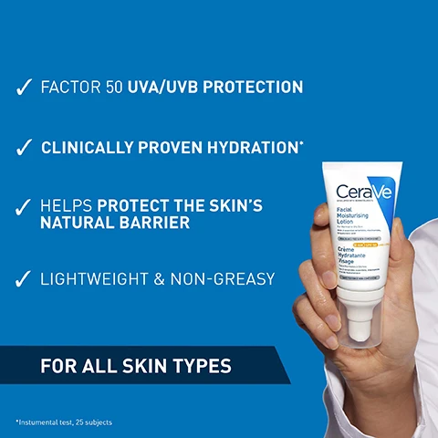 Image 1, factor 50 UVA/UVB protection. clinically proven hydration. helps protect the skin's natural barrier. lightweight and non greasy. for all skin types instrumental test, 25 subjects. image 2, formula with = niacinamide, vitamin e, 3 essential ceramides.