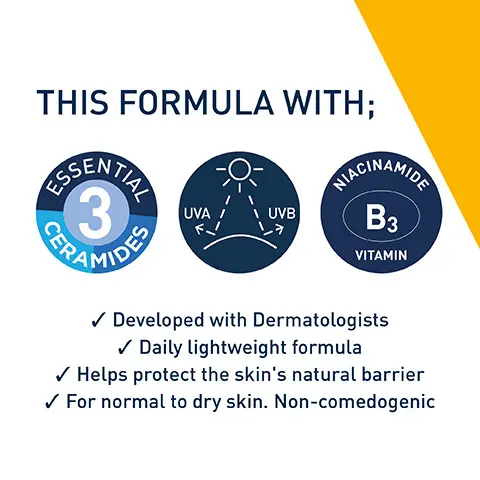 Image 1, the formula with; essential ceramide, UVA and IVB, niacinamide B3 Vitamin. Developed with dermatologists, daily lightweight formula, helps protect the skins natural barrier, for normal to dry skin, non-comedogenic. Image 2, Formula is non comedogenic, non-greasy feel, fragrance free, developed with dermatologists. Image 3, normal to dry skin for face, moisture and protect, cleanse.