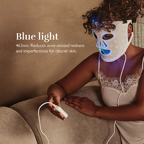 Image 1, blue light = 463nm: reduces acne related redness and imperfections for clearer skin. image 2, yellow light = 592nm: improves skin hydration and soothes dry and sensitive skin. image 3, purple light = 463-633nm: anti ageing and reduction of skin imperfections to improve the skin's vitality and radiance. image 4, LED light technology. 100 lights. 2 settings. session time 10 minutes. session time 15 minutes. battery life up to 130 mins. image 5, 4 lights to meet specific purposes. 4 different modes. automatic and manual handling options. image 6, easy to use. 1 = fully charge the removed control before use. 2 = clean and dry your face. 3 = place the mask over your face and fasten the straps. 4 = use the mask for 10-15 minutes. 5 = after the session apply a serum and or moisturiser. the product cannot be used during charging