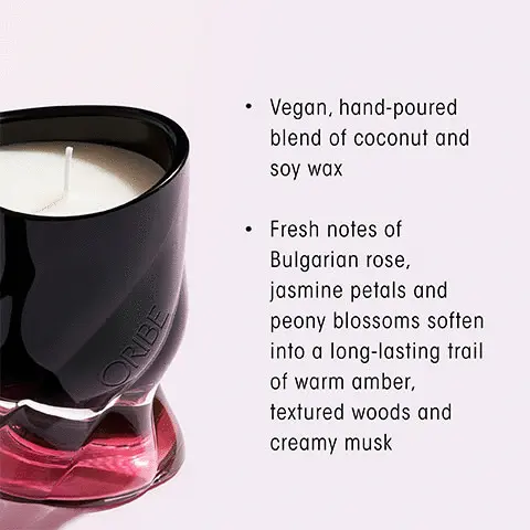 Image 1, Vegan, hand-poured blend of coconut and soy wax. Fresh notes of bulgarian rose, jasmine petals and peony blossoms soften into a long-lasting trail of warm amber, textured woods and creamy musk. Image 2, Valley of Flowers - woody floral. Key Notes, Top = sparkling pmelo, italian bergamot, blue violet. Middle =  bulgarian rose, white peony, jasmine petals. Drydown = warm amber, sandalwood, creamy musk. Image 3, transport your sense with oribes three scents, citrus floral, armomatic green and woody floral.
