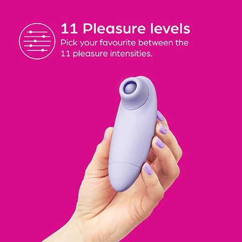 Image 1 - A person holding a light purple vibrator with a rounded top against a pink background includes the text 11 Pleasure levels Pick your favourite between the 11 pleasure intensities.
              Image 2 - A lavender-colored personal massager is displayed on a bright pink background, with icons and text indicating features: 11 pleasure intensities, pinpoint stimulation, battery powered (2 x AAA batteries), latex & phthalate free, and splash proof.
              Image 3 - A purple device designed for intimate stimulation is shown on a bright pink background, accompanied by the text, Pinpoint stimulation, and Precise pleasure stimulation targets the clitoris & external erogenous zones.
              Image 4 - A young woman with long dark hair smiles joyfully against a pink background, accompanied by five stars and the text The toy certainly did not disappoint and is much better than some of my other stimulators from more expensive brands.