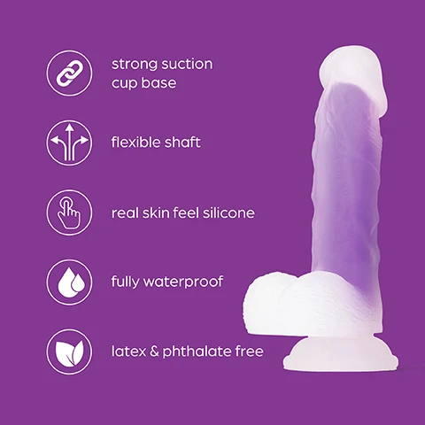 Image 1 - A purple silicone dildo with a strong suction cup base, featuring a flexible shaft and a realistic texture, accompanied by four bullet points stating strong suction cup base, flexible shaft, real skin feel silicone, fully waterproof, and latex & phthalate free.
              Image 2 - A translucent purple sex toy with a strong suction cup base, accompanied by text that reads Strong suction cup base Allows you to close your eyes and enjoy a thrilling climax hands-free.
              Image 3 - A hand holds a purple silicone sex toy against a purple background with text that reads Super soft Silicone Real skin feel with its ribbed shaft & swollen head makes it feel like the real deal.
              Image 4 - A hand holds a translucent purple and white object designed for adult use, with text stating 7 inches of pleasure and 6 inches insertable length will fulfill cravings for deep penetration.
              Image 5 - Image of a flexible, lifelike dildo in shades of purple and white, designed to stimulate internal spots, with the text Flexible Shaft Angle to stimulate your internal spots and satisfy your desire with this real lifelike dildo.