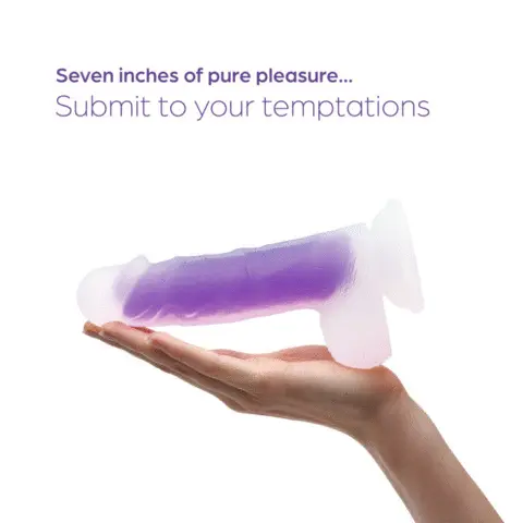 Image 1, seven inches of pure pleasure, submit to your temptations. Image 2, strong suction cup