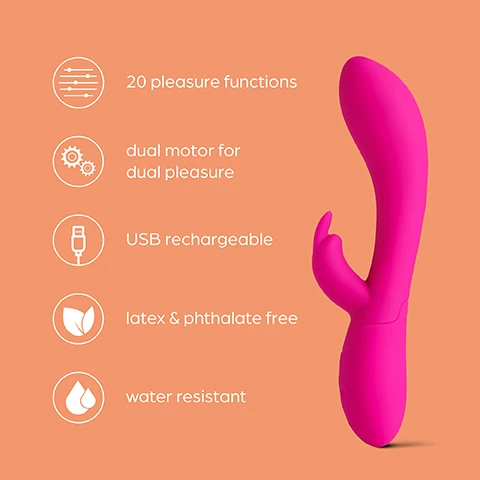 Image 1 - A bright pink vibrator with a curved design, featuring icons and text that highlight its 20 pleasure functions, dual motor for dual pleasure, USB rechargeable battery, latex and phthalate free materials, and water-resistant properties.
              Image 2 - A pink dual pleasure vibrator with a curved tip and a clitoral stimulator on the side, set against an orange background, accompanied by text that reads Dual pleasure Enjoy 20 pleasure functions for clitoral and G-spot stimulation.
              Image 3 - A bright pink vibrator with a flexible design is shown against an orange background, accompanied by the text Incredibly flexible Angle and flex the internal & external stimulator for G-spot & clitoral satisfaction.
              Image 4 - A pink USB rechargeable vibrator is shown with a charging cable connected, and the text reads USB rechargeable. Dont let the pleasure stop, with easy USB recharging...
              Image 5 - Image shows a pink vibrating toy with a curved body and a small clitoral stimulator, accompanied by measurement details: 1. The insertable length is 4.5 inches, 2. Widest point: 1.2 inches, 3. Stimulator height: 1.9 inches.
              Image 6 - A pink vibrator is shown partially submerged in water, with splashes around it, and text reads Water resistant The vibrator is fully submersible for use in the bath or shower.