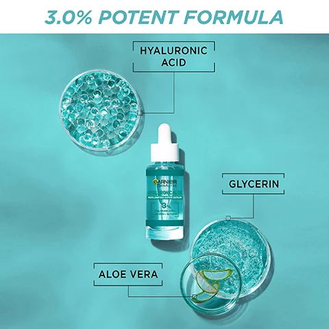 Image 1, 3% potent formula. hyaluronic acid, glycerin, aloe vera. image 2, hydrates up to 10 layers deep. approved by cruelty free international. vegan - no animal derived ingredients. image 3, 9/10 would recommend to a friend. 9/10 agree skin looks and feels hydrated. 9/10 agree skin feels healthier. image 4, 8/10 agree skin looks radiant, replumped and has a healthy glow. image 5, cruelty free international. vegan formula - no animal derived ingredients. bottle made of 100% recyclable packaging - box and bottle only.