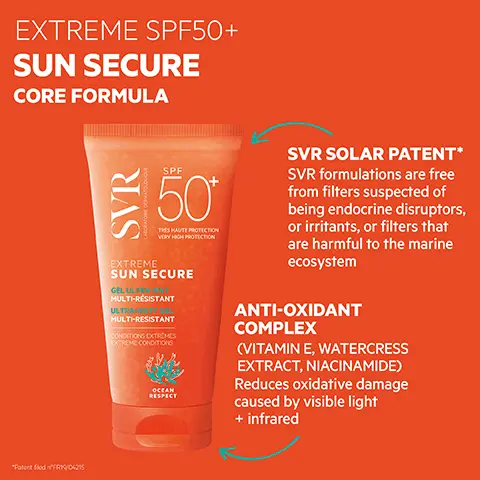 Extreme SPF50+ sun secure core formula.  Anti-oxidant complex, vitamin E, watercress extract, niacinamide, reduces oxidative damage caused by visible light + infrared. SVR solar patent, SVR formulations are free from filters suspected of being endocrine disruptors, or irritants, or filters that are harmful to the marine ecosystem. Ultra matt gel texture balm-in-gel texture, non-comedogenic, non-greasy, non-sticky. Ideal for sports, water, sweat + rub resistant, stands up to towelling. SPF 50+ very high protection against UVA + UVB + visible + infrared, sensitive skin safe for age 3+. + eco-responsible fully recyclable packaging contains recycled material. SVR SPF50+ protection, find your ideal format. Blurring mousse, invisible water, fizzing spray, kids love it, compact spray, matt gel.