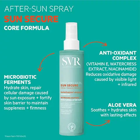 after-sun spray sun secure core formula. Microbiotic ferments, hydrate skin, repair cellular damage caused by sun exposure + fortify skin barrier to maintain suppleness + firmness. Anti-oxidant complex, vitamin E, watercress extract, niacinamide, reduces oxidative damage caused by visible light + infrared. Aloe vera soothes + hydrates skin with lasting effects. How to use, shake before use. Apply after sun exposure or when skin feels overheated. For face, spray onto your hands, then apply to the face. Reapply as often as needed. 96% ingredients of natural origin. Light cooling mist texture, instantly soothes + refreshes, rehydrates + repairs, no transfer to clothes. Clean formula tested for endocrine disruptors. Sensitive skin safe, dermatologically tested for baby + up. +eco responsible 100% recyclable packaging contains recycled material. Reapply often to prevent skin from drying out after sun exposure. SVR SPF50+ protection. All you need to stay safe in the sun. Pocket spray. Fizzy milk. After-sun spray.