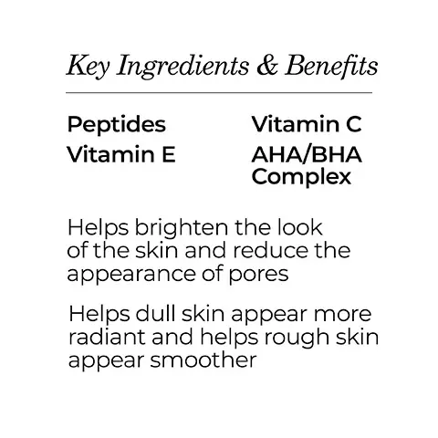 Image 1, key ingrdients peptides, vitamin c, vitamin e, AHA/BHA Complex helps brighten the look of the skin and reduce the appearance of pores, helps dull skin appear more radiant and helps rough skin appear smoother. Image 2, step 1 resurface = radiance resurfacing mask with vitamin c crystals gently exfoliates the skin. step 2 activate = radiance activating AHA/BHA gel provides a foaming action for cleansing and additional exfoliation. Image 3, consumer study
