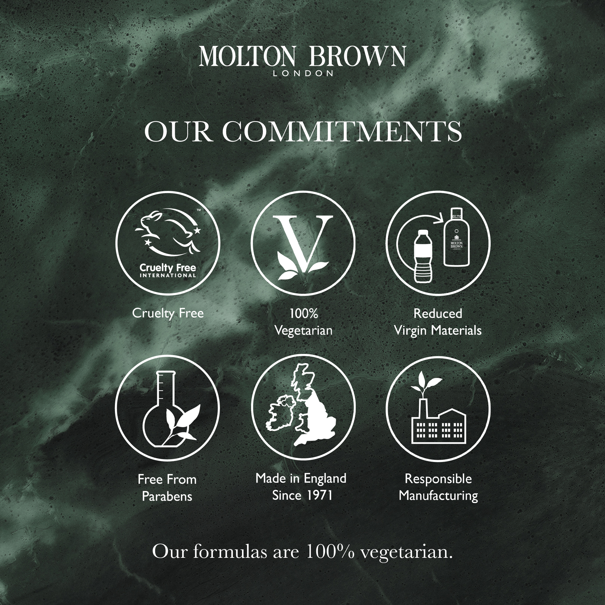 Our Commitments - cruelty free, 100% vegetarian, reduced virgin materials, free from parabens, made in England Since 1971, Responsible manufacturing
