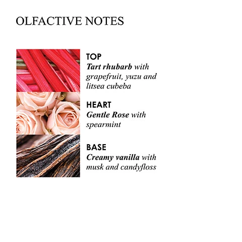 Olfactive Notes: Top: Tart rhubarb with grapefruit, yuzu and litsea cubeba, Heart: Gentle rose with spearmint, Base: Creamy vanilla with musk and candyfloss