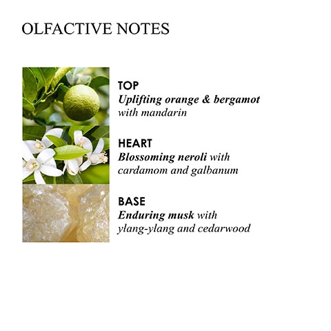Olfactive Notes: Top: Uplifting orange and bergamot with mandarin Heart: Blossoming neroli with cardamom and galbanum Base: Enduring musk with ylnag-ylnag and cedarwood