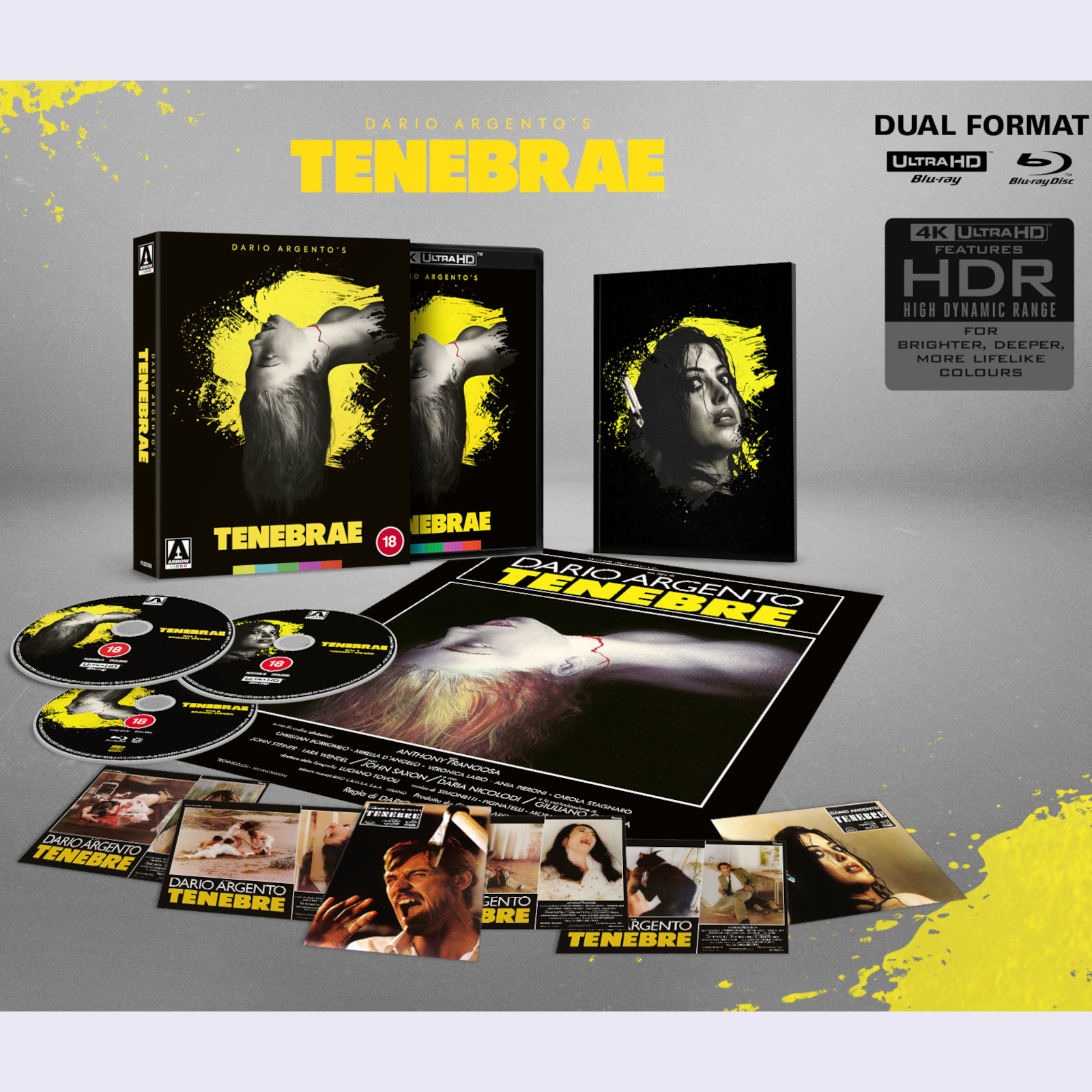 Image showing the bundle included. Text reads,Dario Argento's Tenebrae. Dual Format, Ultra HD Blu-Ray, Blu-Ray Disc. 4K Ultra HD, features HDR High Dynamic Range. For brighter, deeper, more lifelike colours