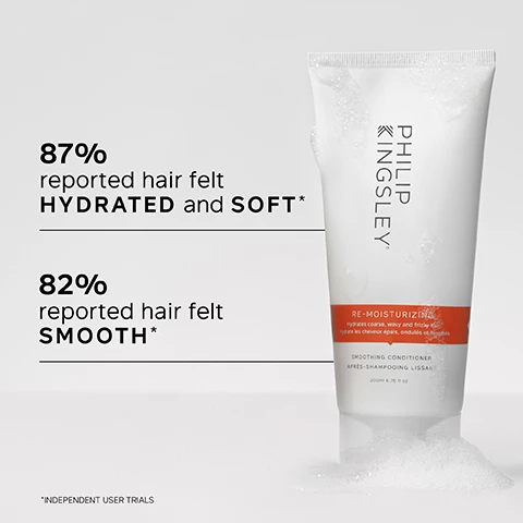 Image 1 - A tube of Philip Kingsley Re-Moisturizing Softening Conditioner is shown, with visible text stating 87% reported hair felt HYDRATED and SOFT and 82% reported hair felt SMOOTH, along with a note about independent user trials.
              Image 2 - A person holding a white tube of Philip Kingsley Re-Moisturizing conditioner with visible text listing key benefits: intensely hydrates, tames and smoothes coarse, wavy and frizzy hair; reduces frizz and adds shine; optimizes moisture retention so strands stay nourished and glossy throughout the day.
              Image 3 - A creamy white hair product is shown with a customer review that reads I have wavy, coarse, thick hair and this product has been a miracle. My hair is now softer and the frizz is tamed. As a bonus my waves seem more defined too. Customer review.
              Image 4 - A white tube of Philip Kingsley Re-Moisturizing Conditioning Cream with a red band, displaying the product name and key ingredients including Hydrolyzed Oat Protein and Unique Blend of Waxes.
              Image 5 - A side-by-side comparison of two different hairstyles; on the left, wavy and voluminous dark hair labeled Before, and on the right, smooth and straight dark hair labeled After.
              Image 6 - A person is holding a tube of Philip Kingsley Re-Moisturizing Smoothing Conditioner with a trichologist tip on the side that reads: After shampooing, gently work into the mid-lengths and ends of the hair, avoiding the roots. Rinse well.