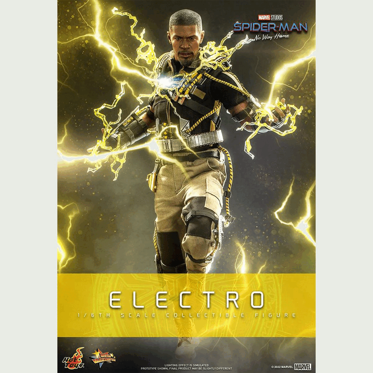 Gif showing the Electro statue in different poses. Text on screen reads, Marvel Studios Spider Man No Way Home. Electro 1/6th scale collectible figure. Hot Toys. Lighting effect is sumulated, prototype shown, final product may be slightly different. Twenty twenty two Marvel.