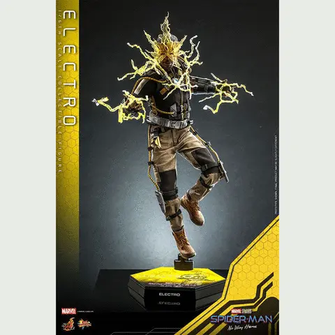 Gif showing the Electro statue in different poses. Text on screen reads, Marvel Studios Spider Man No Way Home. Electro 1/6th scale collectible figure. Hot Toys. Lighting effect is sumulated, prototype shown, final product may be slightly different. Twenty twenty two Marvel.