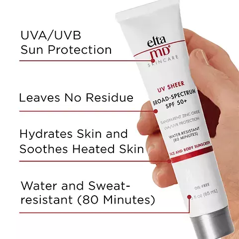 Image 1, UVA/UVB sun protection, leaves no residue, hydrates the skin and soothes heated skin and is water and sweat resistant (80 minutes). Image 2, number 1 dermatologist recommended, trusted, personally used professional sunscreen brand. Image 3, made with zinc oxide, natural mineral compound that works as a sunscreen agent by reflecting and scattering IVA and UVB rays. Image 4, recommended for daily use by skin cancer foundation, recommended as an effective broad spectrum sunscreen. Image 5, verified customer review - 5 stars, This is hands down the best facial sunscreen for outdoor activities- hiking, kayaking, snorkelling,skiing etc.. doesnt get in your eyes, no white cast, no smell. Image 6, Paraben free, vegan, noncomedogenic, oil free, fragrance free and sensitivity free. Image 7, complete your regimen, UV sheer, foaming facial cleanser, AM therapy, renew eye gel and UV lip balm. Image 8, active ingredients, 8.5% octinoxate, 7% zinc oxide