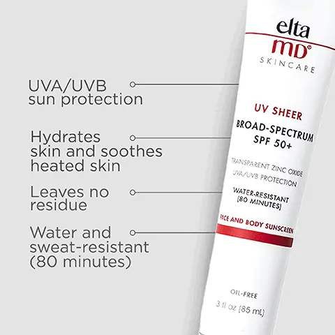 Image 1, UVA/UVB sun protection, leaves no residue, hydrates the skin and soothes heated skin and is water and sweat resistant (80 minutes). Image 2, number 1 dermatologist recommended, trusted, personally used professional sunscreen brand. Image 3, formulated with hyaluronic acid to reduce the look of fine lines and wrinkles. Image 4, think zinc oxide, natural mineral compound that works as a sunscreen agent by reflecting and scattering IVA and UVB rays. Image 5, active ingredients, 8.5% octinoxate, 7% zinc oxide. Image 6, Trusted by Dermatologists. Loved by skin. For over 30 years, EltaMD has been creating innovative products that cater to all skin types and conditions, from cosmetically elegant sunscreen to skincare that repairs and rejuvenates skin. Image 7, Free From oxybenzone parabens ◇ fragrances ◇ dyes. Image 8, complete your regimen