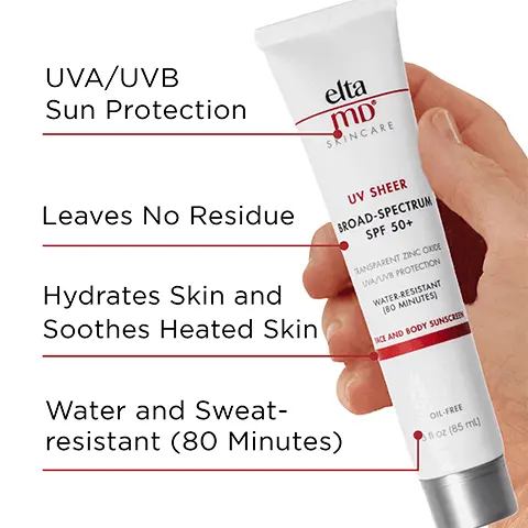 Image 1, UVA/UVB sun protection, leaves no residue, hydrates the skin and soothes heated skin and is water and sweat resistant (80 minutes). Image 2, number 1 dermatologist recommended, trusted, personally used professional sunscreen brand. Image 3, made with zinc oxide, natural mineral compound that works as a sunscreen agent by reflecting and scattering IVA and UVB rays. Image 4, recommended for daily use by skin cancer foundation, recommended as an effective broad spectrum sunscreen. Image 5, verified customer review - 5 stars, This is hands down the best facial sunscreen for outdoor activities- hiking, kayaking, snorkelling,skiing etc.. doesnt get in your eyes, no white cast, no smell. Image 6, Paraben free, vegan, noncomedogenic, oil free, fragrance free and sensitivity free. Image 7, complete your regimen, UV sheer, foaming facial cleanser, AM therapy, renew eye gel and UV lip balm