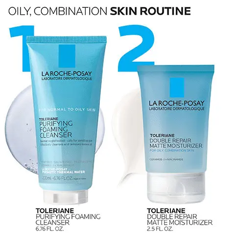 Image 1, oily, combination skin routine, 1. Toleriane Purifying Foaming Cleanser 6.76 fl.oz 2. Toleriane Double Repair Matte Moisturizer Image 2, Maintains skin's natural PH and moisture barrier Image 3, All day hydration without the shine on all skintones