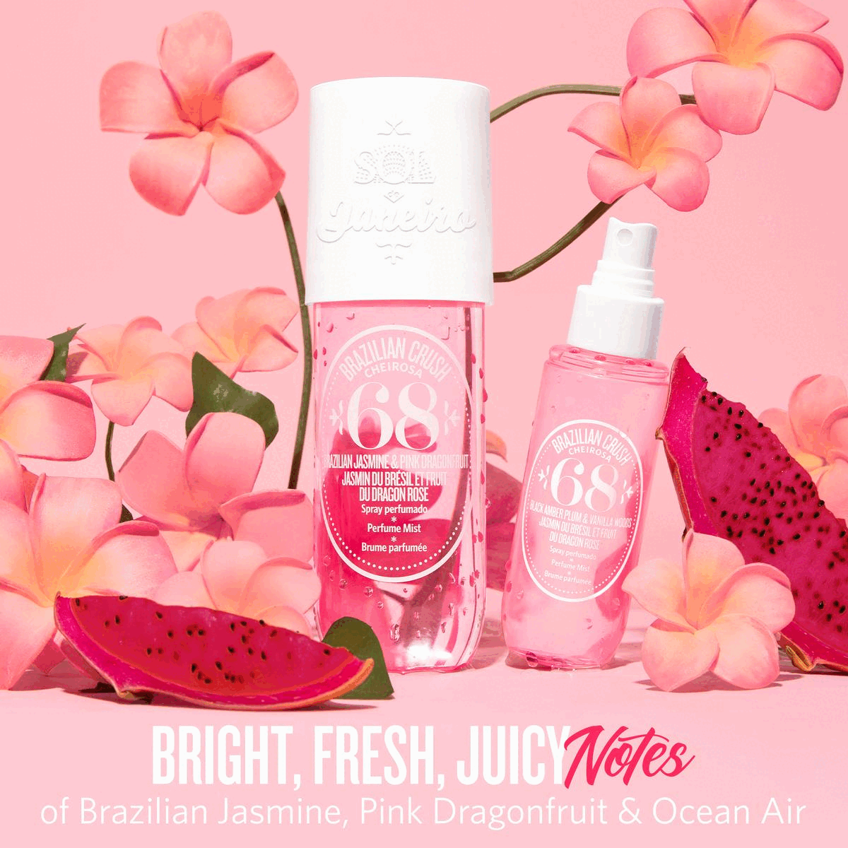 Image 1, bright, fresh, juicy notes of Brazilian Jasmine, Pink Dragonfruit and Ocean Air. Image 2, Pairs with Beija Flor Elasti-Cream for the ultimate Cheirose 68 experience. Image 3, spritz head to toe and on your hair so your scent moves with you. Image 4, in two delicious sizes: classic - 240ml and travel friendly - 90ml. Image 5, Immerse yourself in joy with notes of abundant florals ripe fruit and soft sea breezes. Image 6, vegan friendly, cruelty free, phthalate free and paraben free.