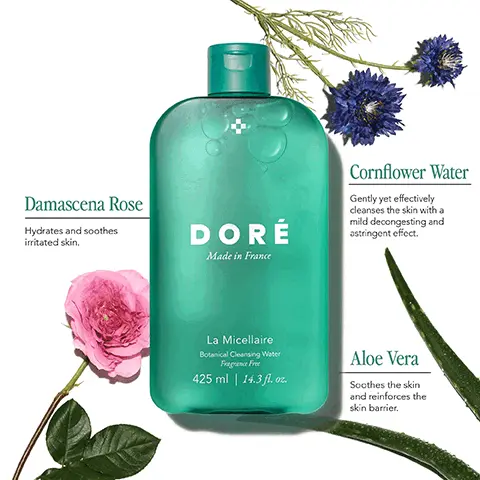 Image 1, Damascena Rose Hydrates and soothes irritated skin. DORÉ Made in France Cornflower Water Gently yet effectively cleanses the skin with a mild decongesting and astringent effect. La Micellaire Botanical Cleansing Water Fragrance Free 425 ml | 14.3 fl. oz. Aloe Vera Soothes the skin and reinforces the skin barrier. Image 2, DORÉ La Micellaire La Micellaire 86% of participants said their skin is perfectly cleansed of sebum and impurities. 82% 82% 86% said their skin is clear said La Micellaire is not drying said their skin is soft Made in France