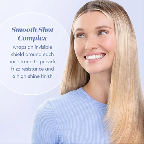 Image 1 - A smiling woman with long, straight blonde hair wearing a light blue top is shown alongside text that reads Smooth Shot Complex wraps an invisible shield around each hair strand to provide frizz resistance and a high-shine finish.
              Image 2 - A light blue spray bottle labeled LIQUID GLASS with text stating Fine-Medium Hair, Miracle Smoothing Sealant, Protects from heat up to 450°F, and Leaves hair moisturized with a super glossy, silky finish, alongside the branding drybar and additional notes about lasting through 3 washes and clinical testing.
              Image 3 - A person holds a spray bottle labeled Liquid Glass, Miracle Smoothing Sealant, for fine to medium hair, with the text highlighting its made without gluten, honey, keratin, protein, and nut oils, and stating that its vegan and cruelty free.