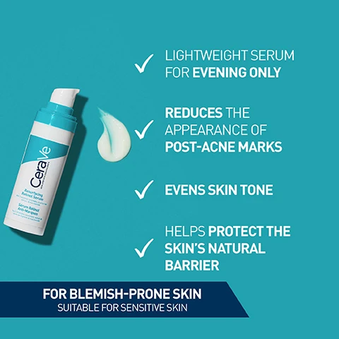 Image 1 - A bottle of CeraVe Resurfacing Retinol Serum is shown beside a small amount of the serum, with text highlighting its benefits: lightweight for evening only, reduces the appearance of post-acne marks, evens skin tone, helps protect the skins natural barrier, and suitable for sensitive skin targeting blemish-prone skin.
              Image 2 - Image shows a creamy white product swatch with text that reads FORMULA WITH: ENCAPSULATED RETINOL, LICORICE ROOT EXTRACT, NIACINAMIDE & 3 ESSENTIAL CERAMIDES.
              Image 3 - Image shows a hand holding a CeraVe Resurfacing Retinol Serum bottle next to two close-up photos of skin on a face, labeled BEFORE and AFTER, illustrating the improvement in skin texture and tone, with text stating VISIBLY EVENS SKIN TONE & REDUCES APPEARANCE OF POST-ACNE MARKS.
              Image 4 - A person holding three CeraVe skincare products, including a large bottle of Blemish Control Cleanser, a tube of Blemish Control Gel, and a bottle of Resurfacing Retinol Serum, with the text EVERYDAY ROUTINE FOR BLEMISH-PRONE SKIN and SERUM TO TARGET POST-ACNE MARKS.