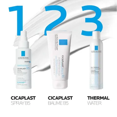 Image 1, cicaplast spray, cicaplast Baume B5+. Image 2, touch free format, respects the microbiome, nourishing. Image 3, spray 15cm away from the skin. close eyes and mouth during application. suitable for use on face and body of adults, children and babies. Image 4, number 1 dermatologist recommended skincare brand in the UK