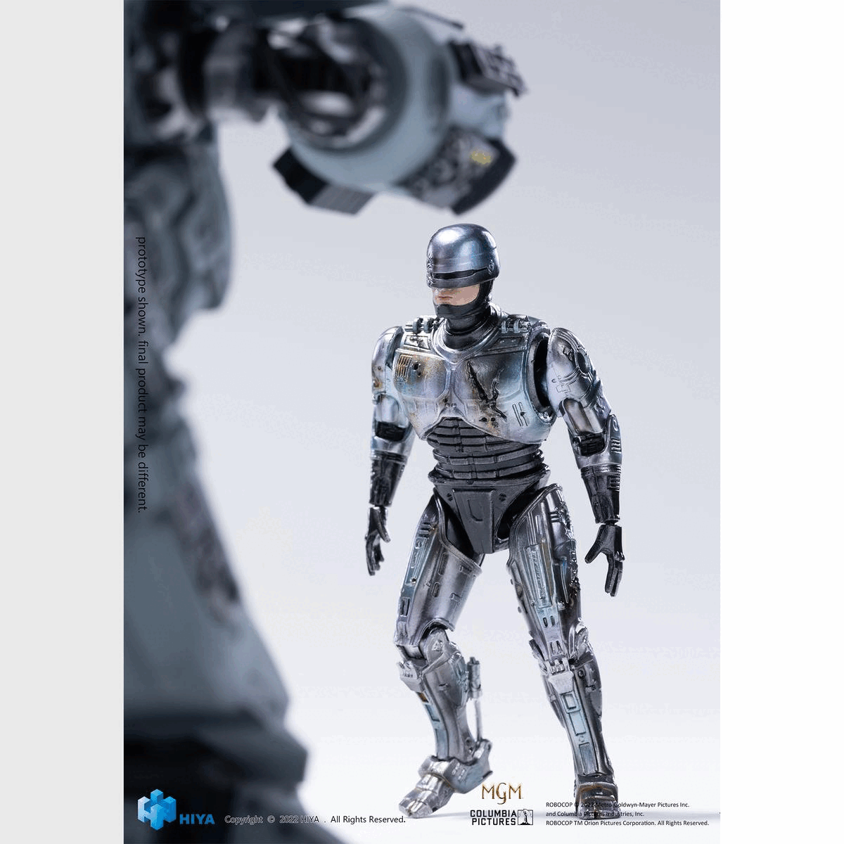 Gif showing the Robocop statue from multiple angles. Text on the images reads Prototype shown Final product may be different. HIYA copyright. All rights reserved. MGM Columbia Pictures. Robocop Metro-Goldwyn-Mayer Pictures Inc. and Columbia Pictures Industries, Inc. Robocop TM Orion Pictures Corporation. All Rights reserved.
