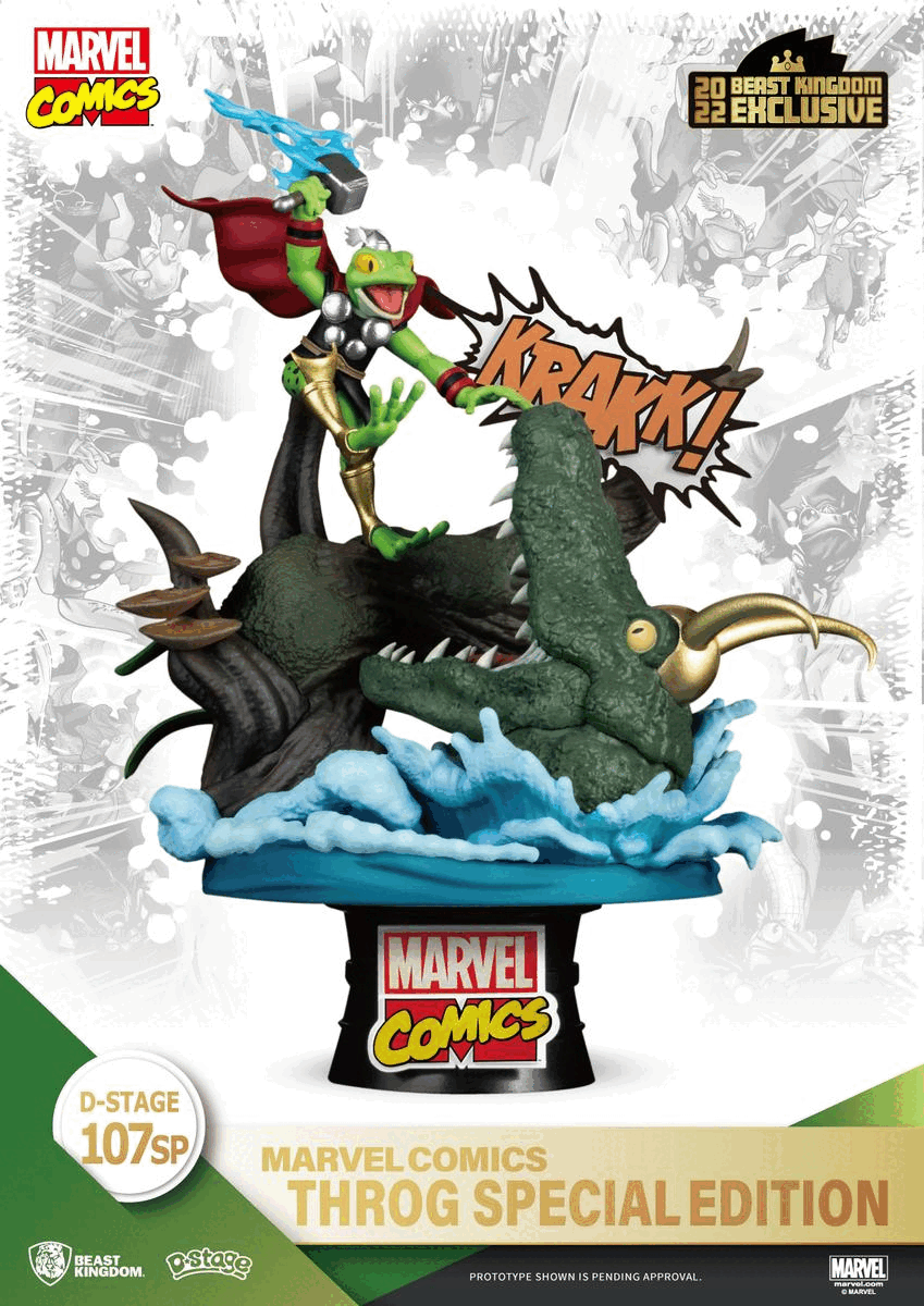 Gif showing multiple images of the statue from multiple angles. Text on images reads, Marvel Comics, 2022 Beast Kingdom exclusive. D-STAGE 107 SP. Marvel Comics Throg special edition. Beast Kingdom, D-Stage, prototype shown is pending approval.