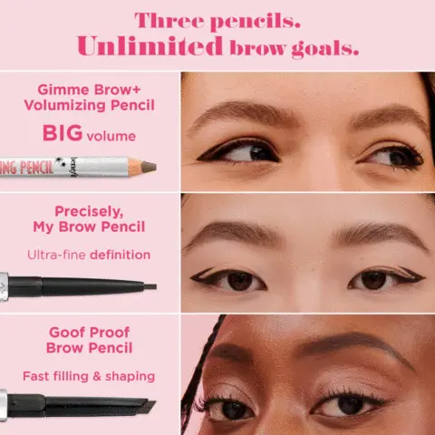 Image 1, the first brow pencil with fibers and powders! New gimme brow+ volumizing pencil. Silk cotton tree fibers build instant volume, fullness of a brow powder in a pencil. Image 2, Full shade range swatches. Image 3, three pencils, unlimited brow goals.