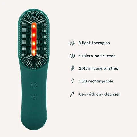 Image 1 - A green facial cleansing device with soft silicone bristles and an LED display showing three light therapies and four micro-sonic levels, accompanied by text indicating it is USB rechargeable and suitable for use with any cleanser.
              Image 2 - Image shows three illustrations of LED treatments for skin with a focus on a device above the skin: the first labeled RED LED 620-750nm for lines and wrinkles, the second YELLOW LED 590-620nm for radiance and glow, and the third BLUE LED 476-495nm for blemishes and oiliness.