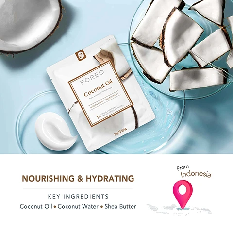 Image 1, NOURISHING and HYDRATING KEY INGREDIENTS Coconut Oil Coconut Water Shea Butter From Indonesia Image 2, 100% natural tencel material. biodegradable. natural ingredients. antibacterial tencel. ultra soft and light weight. 50% more absorbent and 10 times more bacteria resistant than cotton. image 3, dual mode sheet masks. mode 1 slow it down. as a regular relaxing sheet mask. mode 2 speed it up with WGO. hyper infuse actives with UFO full facial device.