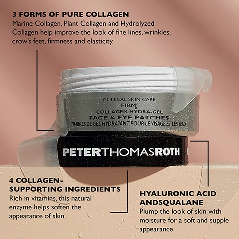 Image 1 - A jar of Peter Thomas Roth Collagen Hydra-Gel Face and Eye Patches is shown, with visible water droplets on the surface, alongside text highlighting ingredients and benefits related to collagen support and skin hydration.
              Image 2 - A woman with long dark hair is shown in two circular images; the left image displays her wearing under-eye patches labeled Target Under-Eye Puffiness & Wrinkles, while the right image shows her with a forehead patch labeled Target Forehead, Nasolabial Folds & Lip Lines, all set against a black background.
              Image 3 - Container of collagen hydro-gel face and eye patches showing several patches inside, with instructions on how to use them stating to apply on clean, dry skin for wrinkles, along with details on patch shapes and usage time.