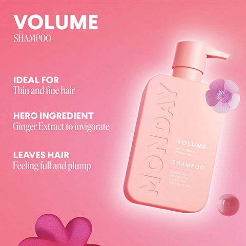 volume shampoo. ideal for thin and fine hair. hero ingredient - ginger extract to invigorate. leaves hair feeling full and plump