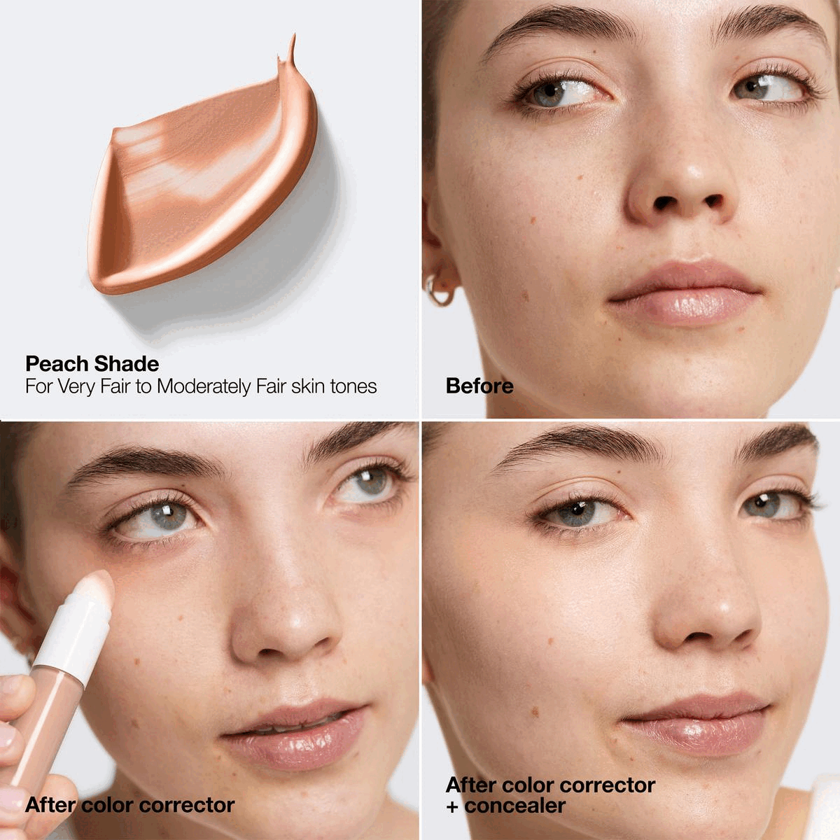Image 1, showing a swatch of the product and before and after use. Text, peach shade, for very fair to moderately fair skin tones, before, after colour corrector, after colour corrector and concealer Image 2, showing a swatch of the product and before and after use. Text, Apricot Shade, for medium to deep skin tones, before, after colour corrector, after colour corrector and concealer Image 3, Vitamin C and niacinamide help visibly brighten skin tone. Hyaluronic acid helps hydrate and plump fine, dry lines. Caffeine and phytosphingosine are known to help energize skin and reduce undereye puffiness. Image 4, 3 steps to flawless coverage. 1. correct 2. conceal. 3. perfect Image 5, chart of product details, even better all over primer and colour corrector, neutralises dark circles and discolouration, all skin types, sheer to moderate 12 hour wear, natural finish, 2 shades. Even better all over concealer and eraser, conceals, brightens and blurs imperfections, all skin types, full 12 hour wear, natural finish, 30 shades 