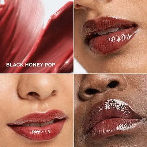 Image 1, Black Honey Pop on models. image 2, entire range swatches on three different skin tones. Image 3, hourglass-shaped doe foot for smooth application and plush shine. Image 4, get the look all you featuring TikTok trending shade Black Honey now in a gloss. Image 5, nourishing aloe butter, avocado butter and shea butter help condition lips. hyaluronic acid helps plump lips wuth hydration and helps lock in moisture.