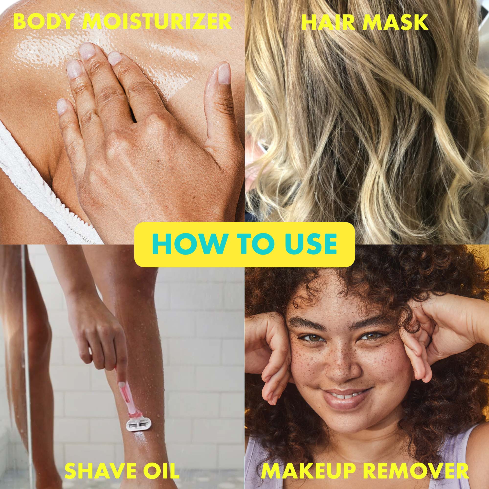 How to Use, body moisturiser, hair mask, shave oil, makeup remover