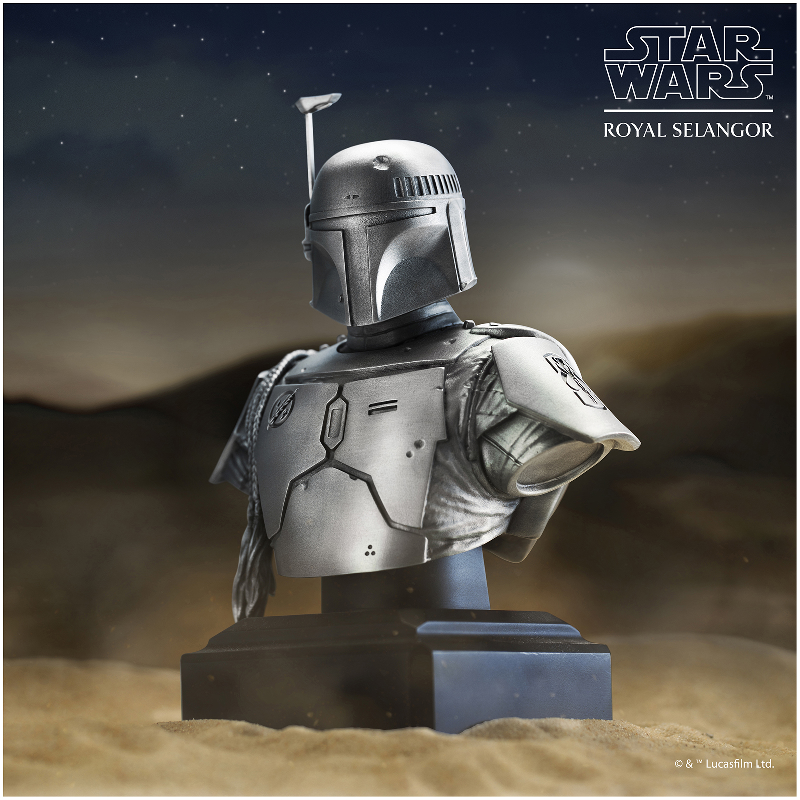 Image showing bust of Boba Fett. Text on screen reads Star Wars Royal Selangor. Lucasfilm Ltd