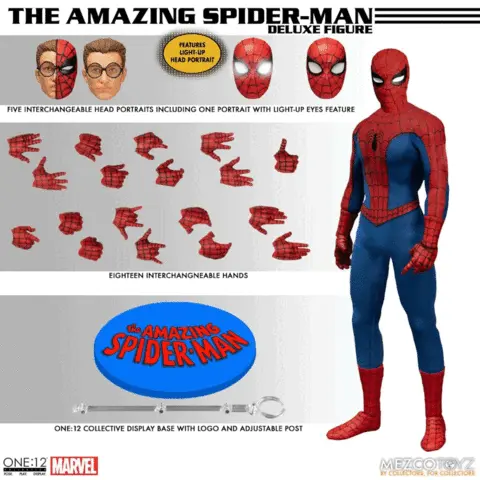 A gif showing multiple images of the Spiderman figure in multiple positions. Text on images read, The Amazing Spiderman. Features light up head portrait. Finve interchangable head portraits including one portrait with light up eyes feature. Eighteen interchangeable hands. Collective display base with logo and adjustable post