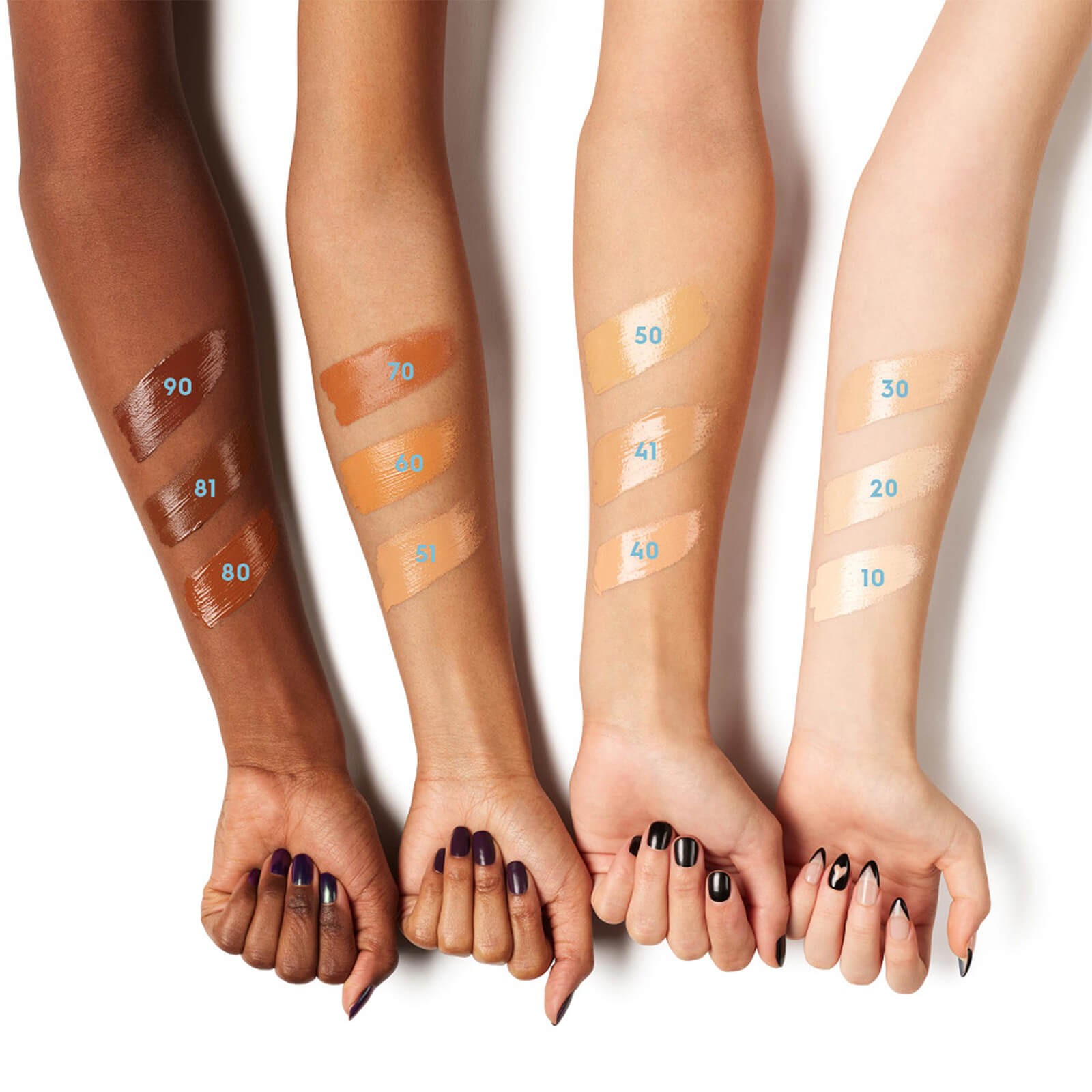 Image showing the different shades across four different skin tones dark to light. Text- 90,81,80 70,60,51, 50,41,40, 30,20,10