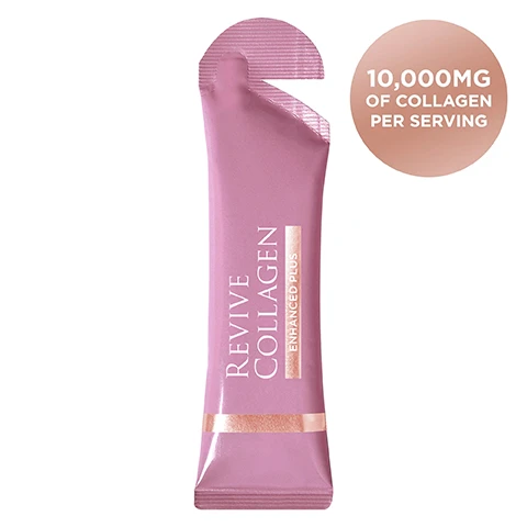 Image 1 - A purple sachet labeled Revive Collagen Enhanced Plus is shown, with a circular tag indicating 10,000MG of collagen per serving.
              Image 2 - A product packaging for Revive Collagen Enhanced Plus shows a sachet against a pink background with highlights of a liquid drop, featuring key benefits such as Type 1 Marine Collagen, Hydrolysed Keratin, Retinol, Vitamins B6, B12, C, D, and notes a great-tasting Tropical flavor.
              Image 3 - Side-by-side comparison showing a womans hairline before and after treatment, with the left labeled BEFORE and the right labeled AFTER.
              Image 4 - An image showing a pink sachet labeled Revive Collagen on the left, with numerous white collagen tablets falling on the right and two circular icons stating x1 REVIVE COLLAGEN SACHET 90% TO 95% ABSORPTION RATE and x20 COLLAGEN TABLET 30% TO 40% ABSORPTION RATE.
              Image 5 - A woman with long blonde hair is playfully holding a pink object to her lips while a hand is applying makeup with a brush and another hand is styling her hair, with a textured background and the text Amanda Holden, TV & Radio Presenter.
              Image 6 - A graph showing collagen levels in the body decreasing from ages 20 to 60, with corresponding images illustrating skin structure at 35, 45, and 55 years that highlight epidermis, dermis, subcutaneous fat, wrinkles, hyaluronic acid, collagen, and elastin.
              Image 7 - A purple sachet of Revive Collagen Enhanced Plus lies on a soft pink background alongside three transparent drops resembling gel capsules, with a circular badge reading CEW UK Beauty Award Winner 2023.
              Image 8 - A man with short, styled hair and a well-groomed beard is holding a beauty product near his mouth while wearing a sleeveless gray shirt and a beaded necklace, with the text CHRIS APPLETON, CELEBRITY HAIRSTYLIST visible at the bottom.
