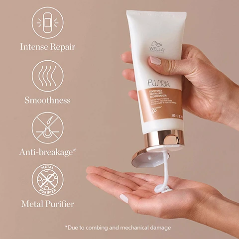 Image 1 - A persons hand is holding a tube of Wella Fusion conditioner while a small amount of the product is being dispensed into their other hand, with icons and text beside it indicating Intense Repair, Smoothness, Anti-breakage, and Metal Purifier, and a note at the bottom stating Due to combing and mechanical damage.
              Image 2 - Image shows a woman from the back with long, wavy hair split into two sections; the left side labeled Before with non-conditioning shampoo displays dull hair, while the right side labeled FUSION with Fusion shampoo, mask and blow-dry shows shinier, healthier-looking hair.
              Image 3 - A circular swirl of pink and white cream is depicted, with visible text labels indicating Micronized Lipids, Amino Acids, Metal Purifier, and Silksteel Technology, along with a website link for more information on ingredients.
              Image 4 - Image shows three Wella Professionals hair care products including a tube of conditioner, a bottle of shampoo, and a container of mask, with large text stating UP TO 95% LESS BREAKAGE* and additional small text explaining the comparison to non-conditioning shampoo.