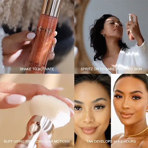 Image 1, shake to activate, spritz on to bare prepped skin, buff using firm circular motions, tan develops in 4-8 hours, Image 2, Before and After Model wears prep-set-tan in glow Image 3, Before and After Jonah wears prep-set-tan in glow, Image 4, Anya wears prep-set-tan in glow Image 5, Group model picture showing the product being worn, from left to right, Sara wears prep-set-tan in original, Lucy wears prep-set-tan in original, Jonah wears prep-set-tan in glow, Anya weras prep-set-tan in glow