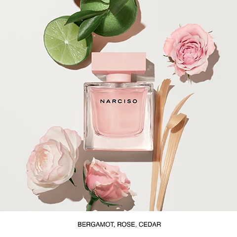 Image 1 - A pink perfume bottle labeled Narciso is surrounded by pink roses, a lime half, green leaves, and dried grass on a light background, with the words Bergamot, Rose, Cedar displayed below.
              Image 2 - A close-up of a pale flower petal with the text VEGETAN FRAGRANCE overlaying it.