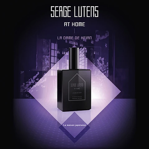 Image 2 - A black perfume bottle with a square shape and a metallic cap is centered in a geometric purple background featuring abstract patterns and the text Serge Lutens AT HOME I LA DAME DE KEJIAN La maison japonaise.
              Image 3 - An elegant black fragrance bottle labeled SERGE LUTENS is placed next to a decorative black lantern, set against a dark geometric background with purple accents, featuring the text SERGE LUTENS AT HOME I LA DAME DE KEJAN La maison japonaise.