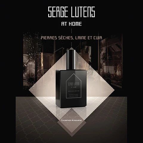 Image 2 - A black perfume bottle with a square design is placed on a light geometric background, surrounded by abstract textures, and the text reads SERGE LUTENS AT HOME PIERRES SÈCHES, LAINE ET CUIR La maison écossaire.
              Image 3 - An elegant display featuring a lantern and a perfume bottle, with the text SERGE LUTENS AT HOME | PIERRES SÈCHES, LAINE ET CUIR | La maison écoissée prominently arranged in a stylish layout.