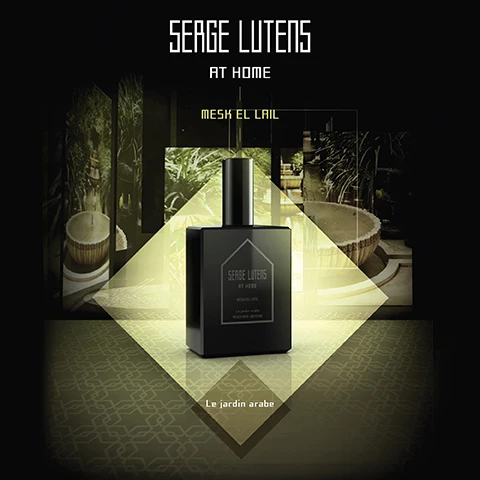 Image 2 - A sleek black perfume bottle is displayed in the center of an intricate background featuring greenery and decorative elements, with the text Serge Lutens AT HOME | Mesk El Lail and Le jardin arabe visible.
              Image 3 - A decorative black lantern and a black perfume bottle labeled Serge Lutens, with a background featuring greenery and wooden elements, accompanied by the text AT HOME, MESK EL LAIL, and Le jardin arabe.