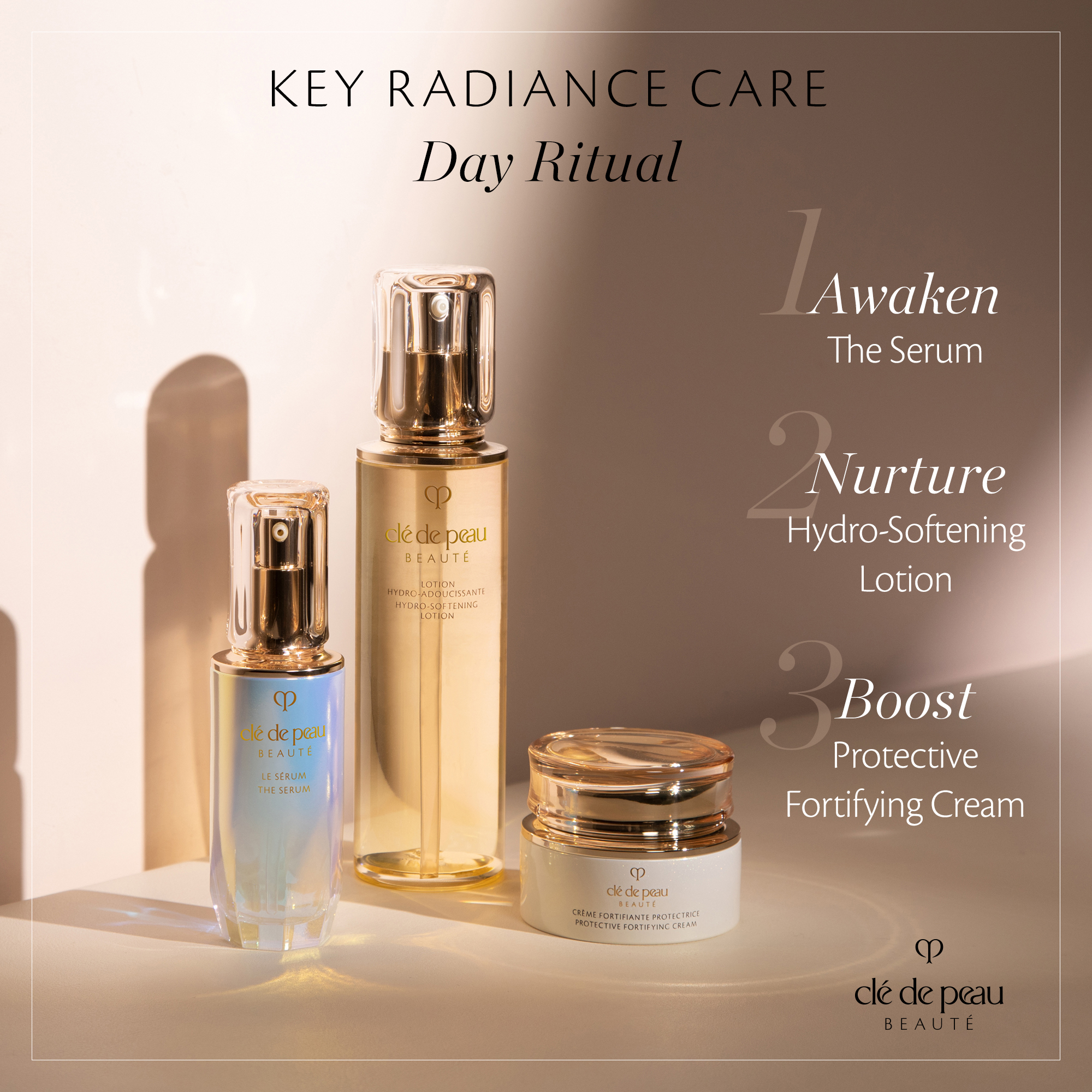 Key Radiance Care Day Ritual. 1. Awaken The serum, 2.Nurture Hydro-softening lotion, 3. Boost Protective Fortifying cream