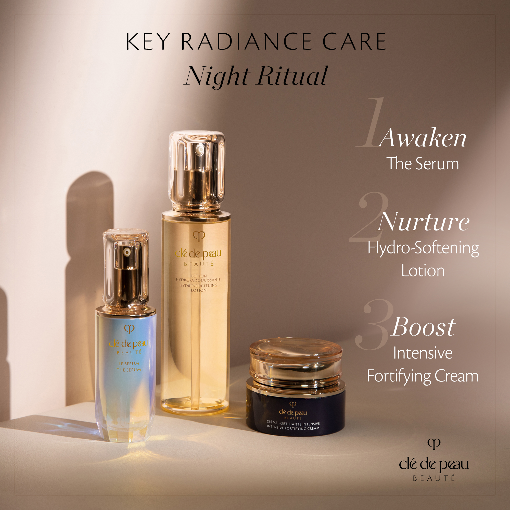Key Radiance Care Night Ritual. 1. Awaken The serum, 2.Nurture Hydro-softening lotion, 3. Boost Protective Fortifying cream